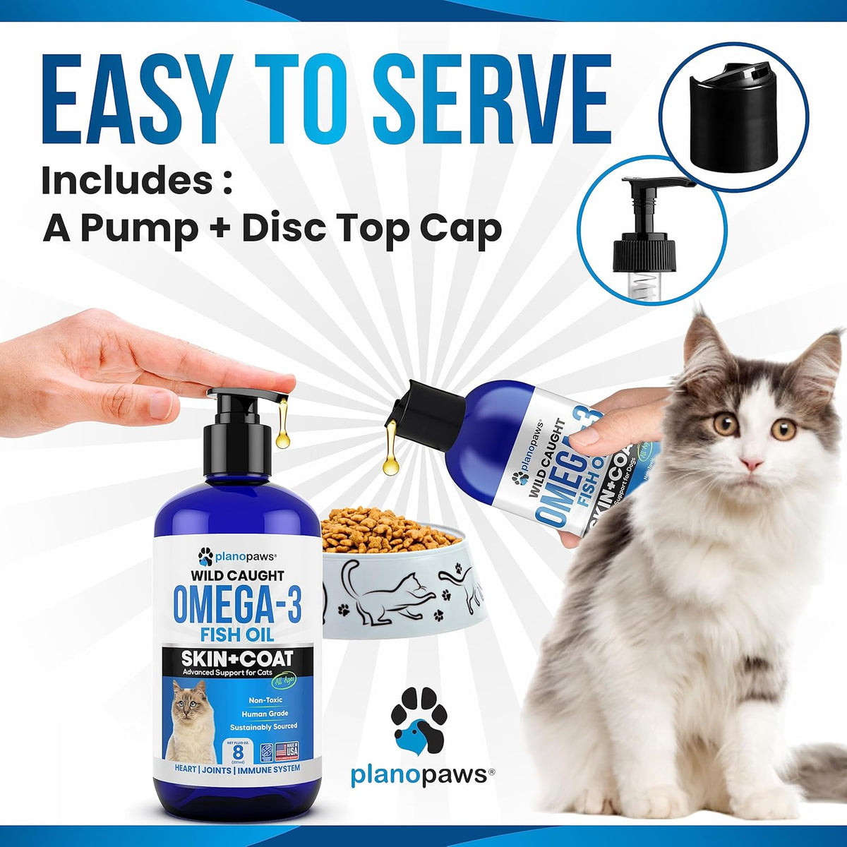 Plano Paws cat dandruff treatment product packaging showcasing immune and joint benefits.