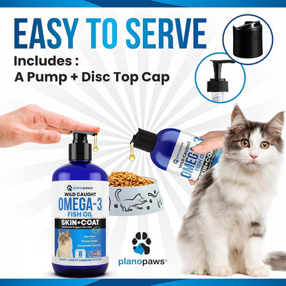 Plano Paws cat dandruff treatment product packaging showcasing immune and joint benefits.