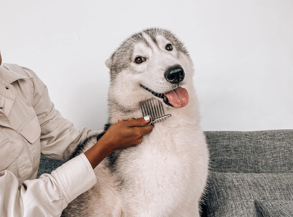 Tuff Pupper dog grooming comb highlighting the heavy duty recessed steel knot splitters.