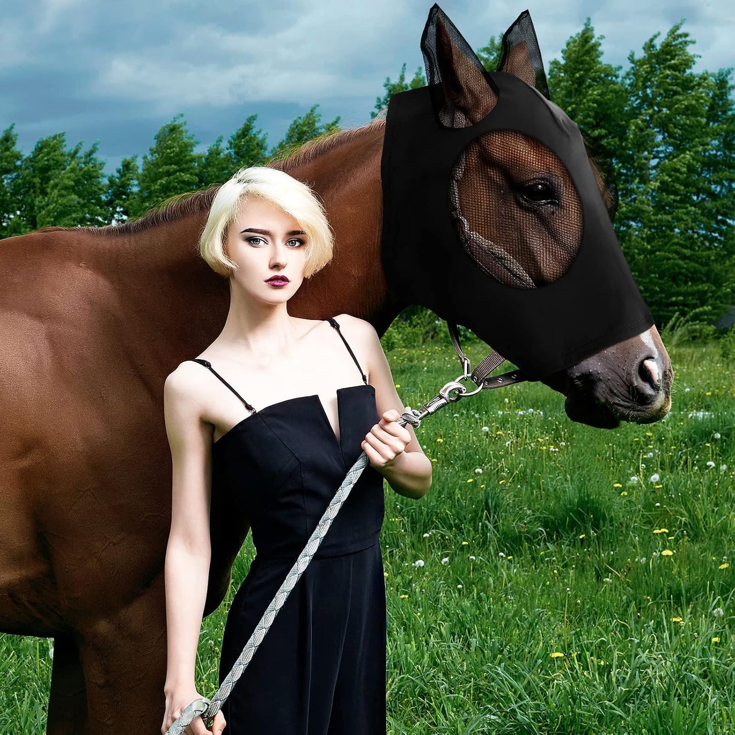Blue horse fly mask with ear protection for horses
