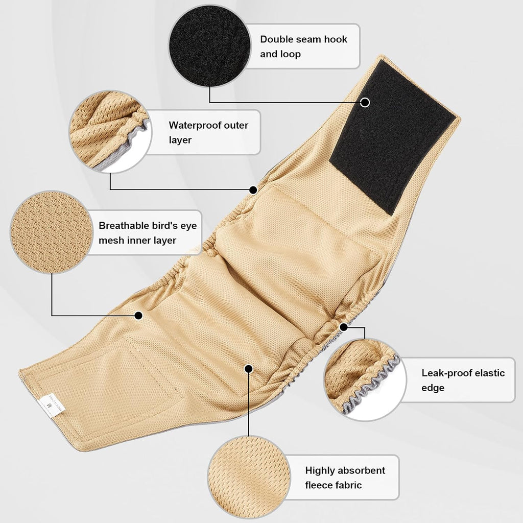 Close up look at the durable double stitched rectangular velcro on Vuncessin male dog diapers