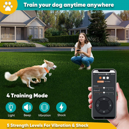 Adjustable orange silicone strap and waterproof receiver of the smart GPS tracking collar.