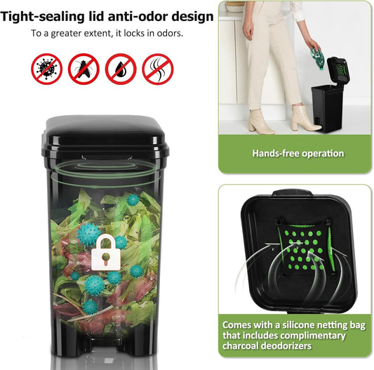 Hands-free foot pedal mechanism on Umtiti 5-liter pet bin