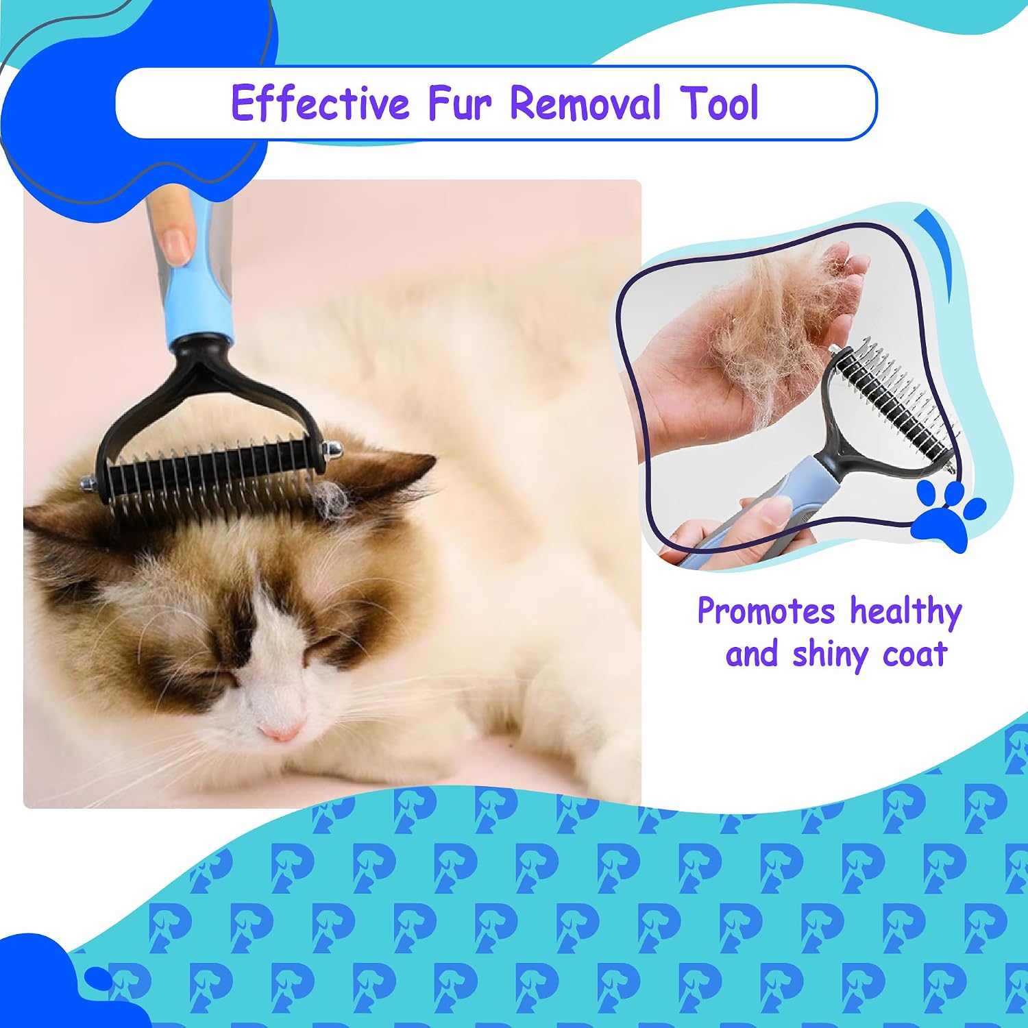 Ergonomic blue and gray handle of pet grooming brush