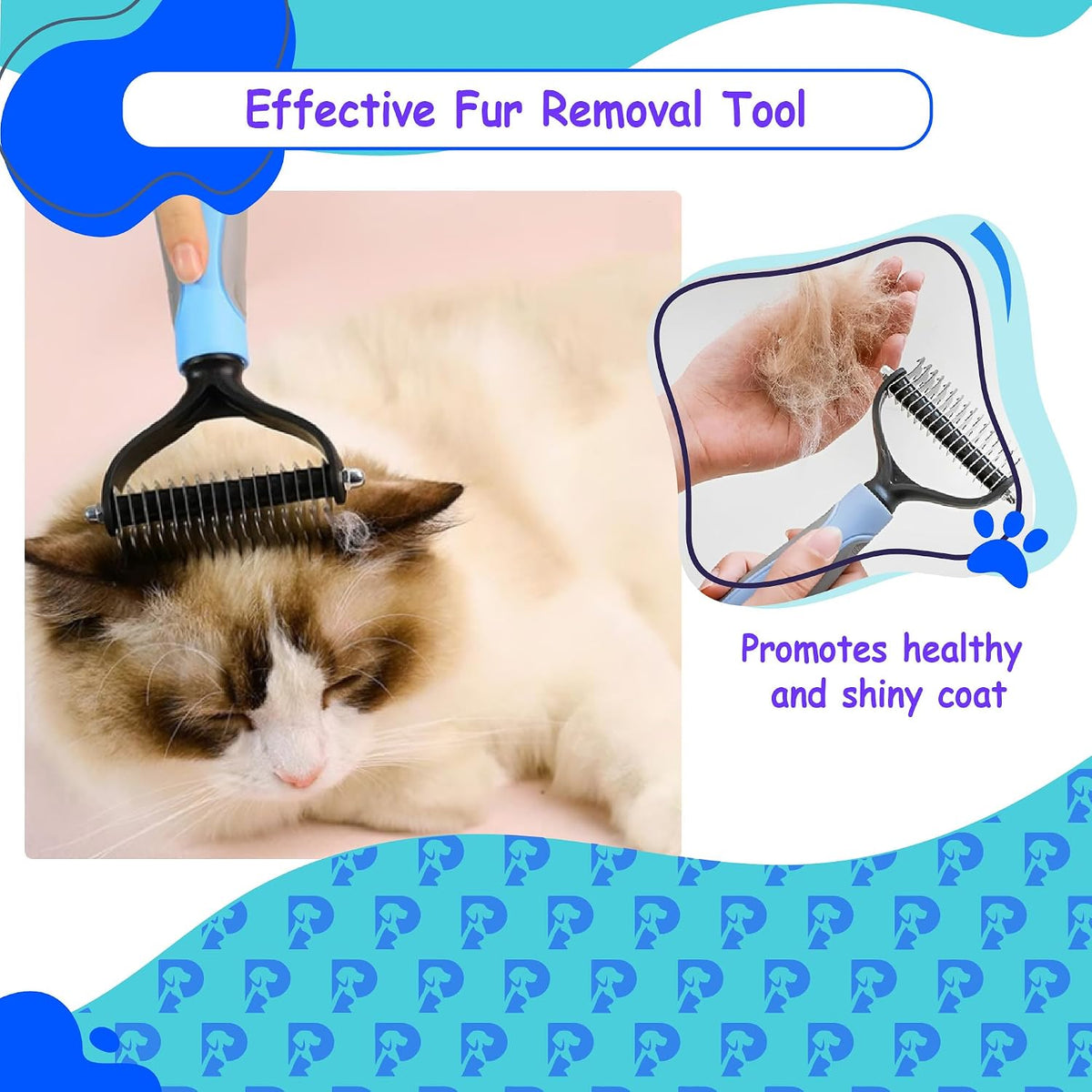 Ergonomic blue and gray handle of pet grooming brush
