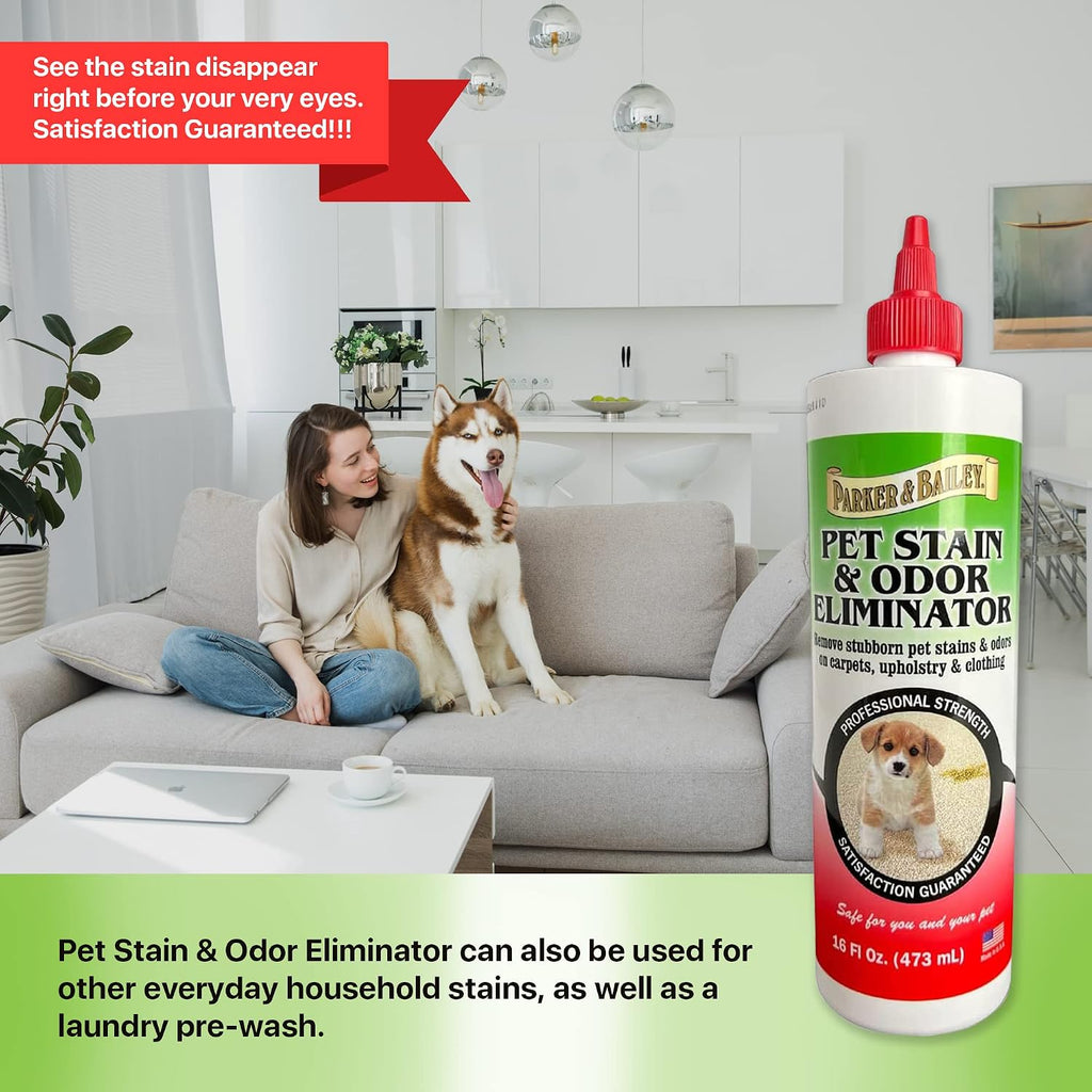 Parker And Bailey Pet Stain And Odor Eliminator resting on carpet surface