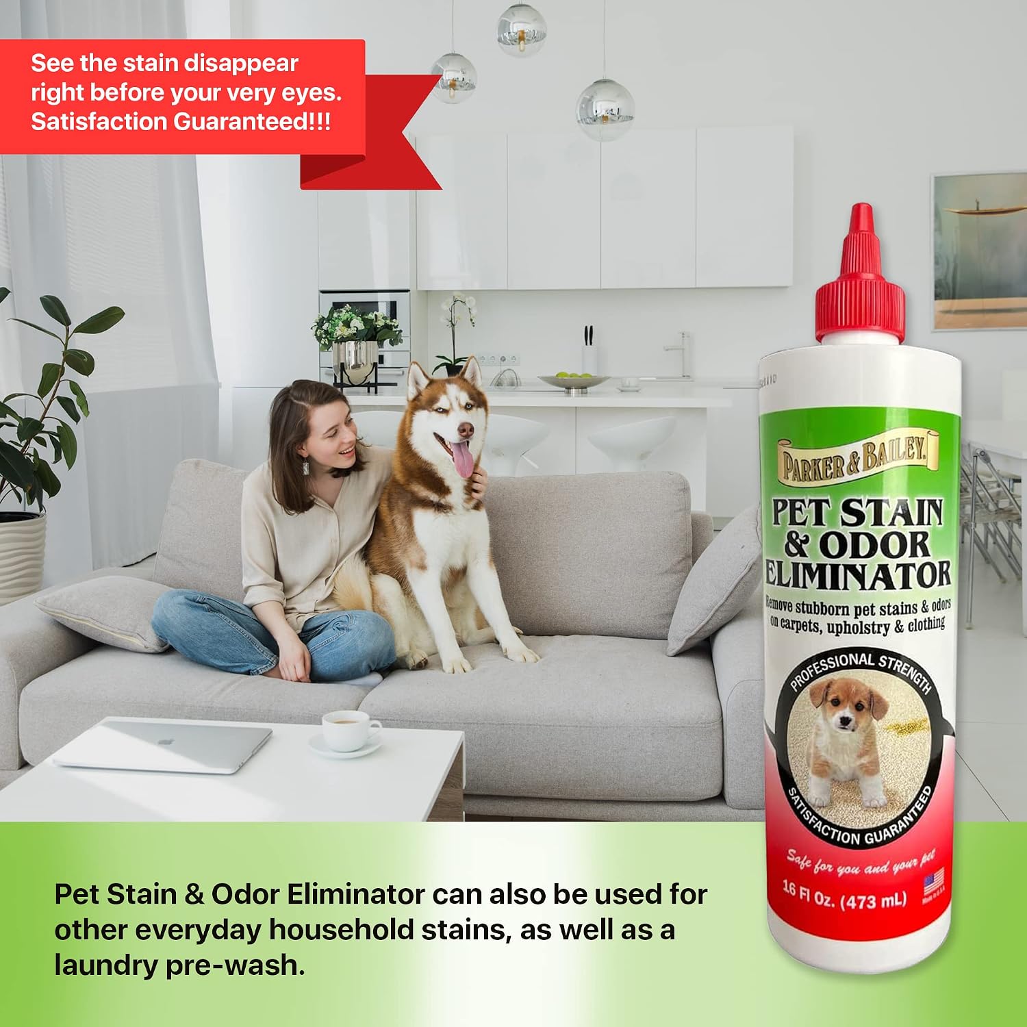 Safe pet accident carpet deodorizer import packaging close up