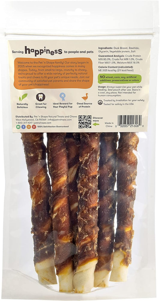 Pet 'n Shape duck wrapped rawhide treats inside the clear resealable pouch