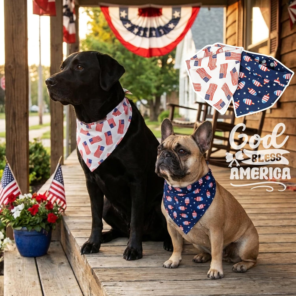 Dog wearing Dimidium Independence Day triangle scarf set.