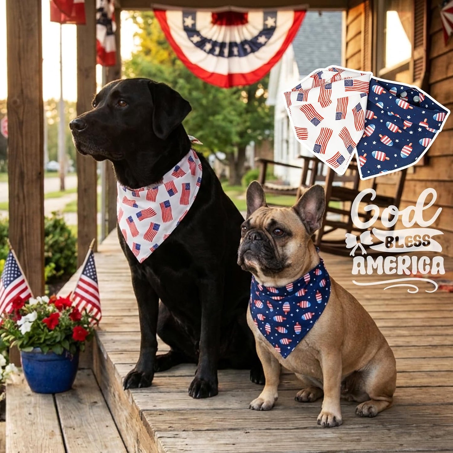Dog wearing Dimidium Independence Day triangle scarf set.