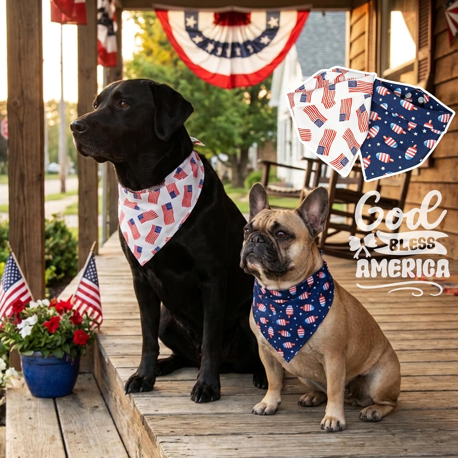 Dog wearing Dimidium Independence Day triangle scarf set.
