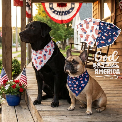 Dog wearing Dimidium Independence Day triangle scarf set.