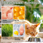 Glopawear cat grass snacks with chicken floss and egg yolk displays for digestive health support.