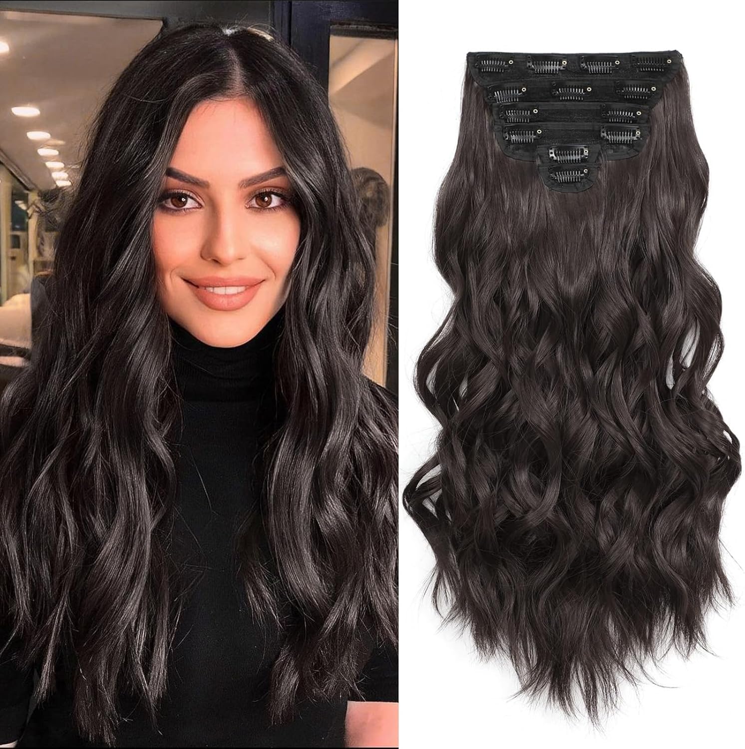 Fliace synthetic clip in hair extensions dark brown front view packaging