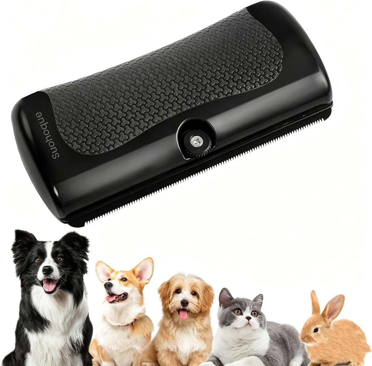 Gicctyble pet deshedding brush front view showcasing black textured handle and precision grooming edge.