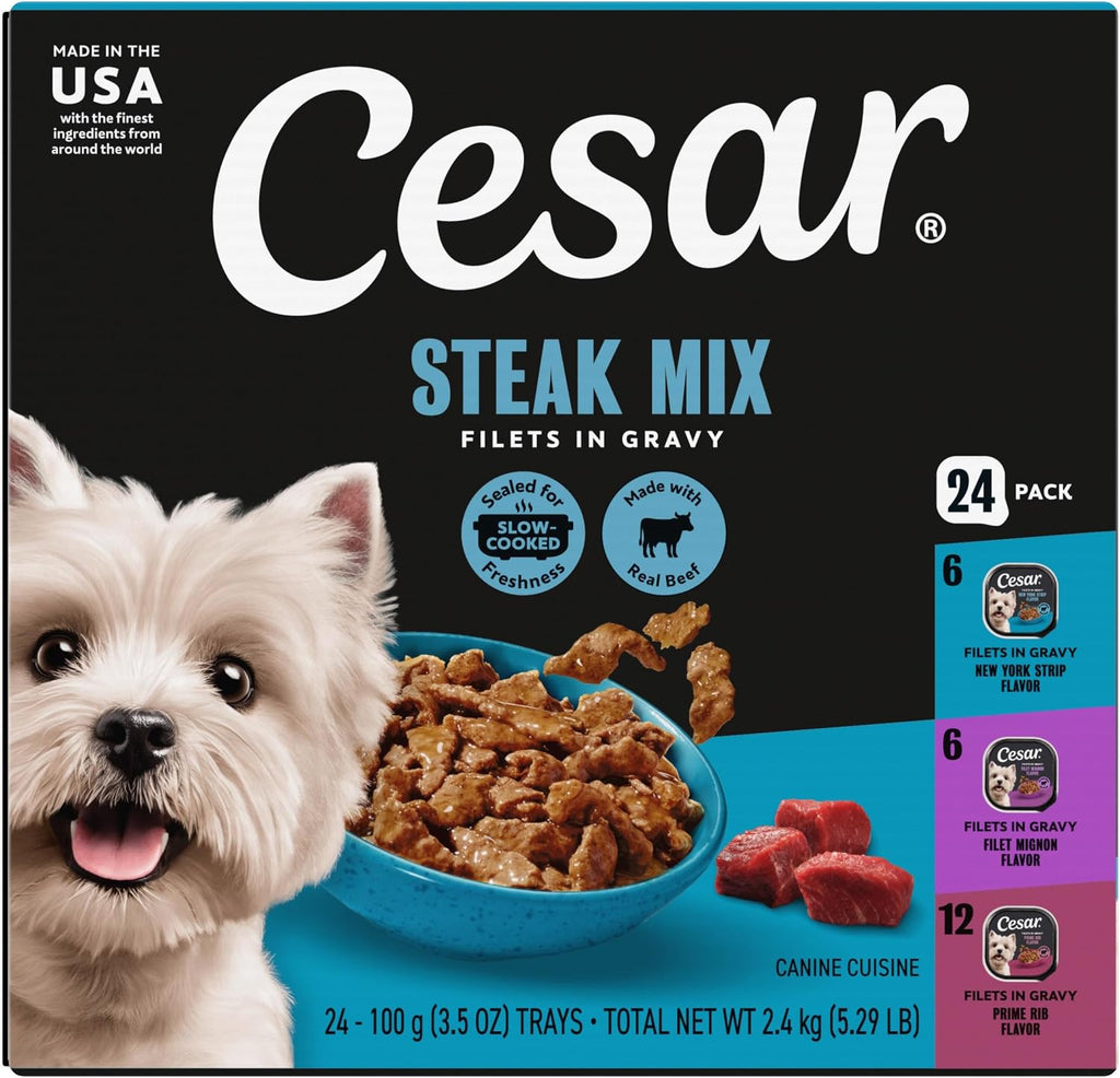 Cesar Filets in Gravy Adult Wet Dog Food Variety Package,Filet Mignon,New York Strip and Prime Rib Flavors,3.5 oz. Easy Peel Trays,Variety Pack,24 Count (Pack of 2) - Image 12