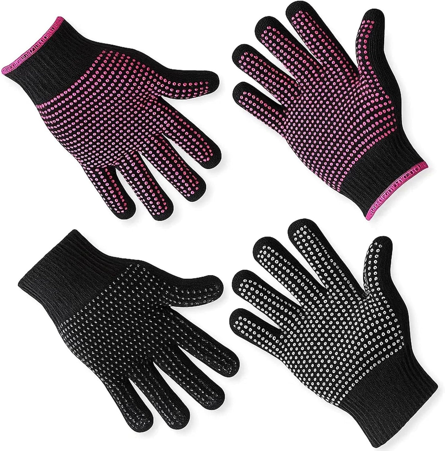 ZHLKHIOP heat resistant gloves for hair styling front view showing black and rose pink pairs.
