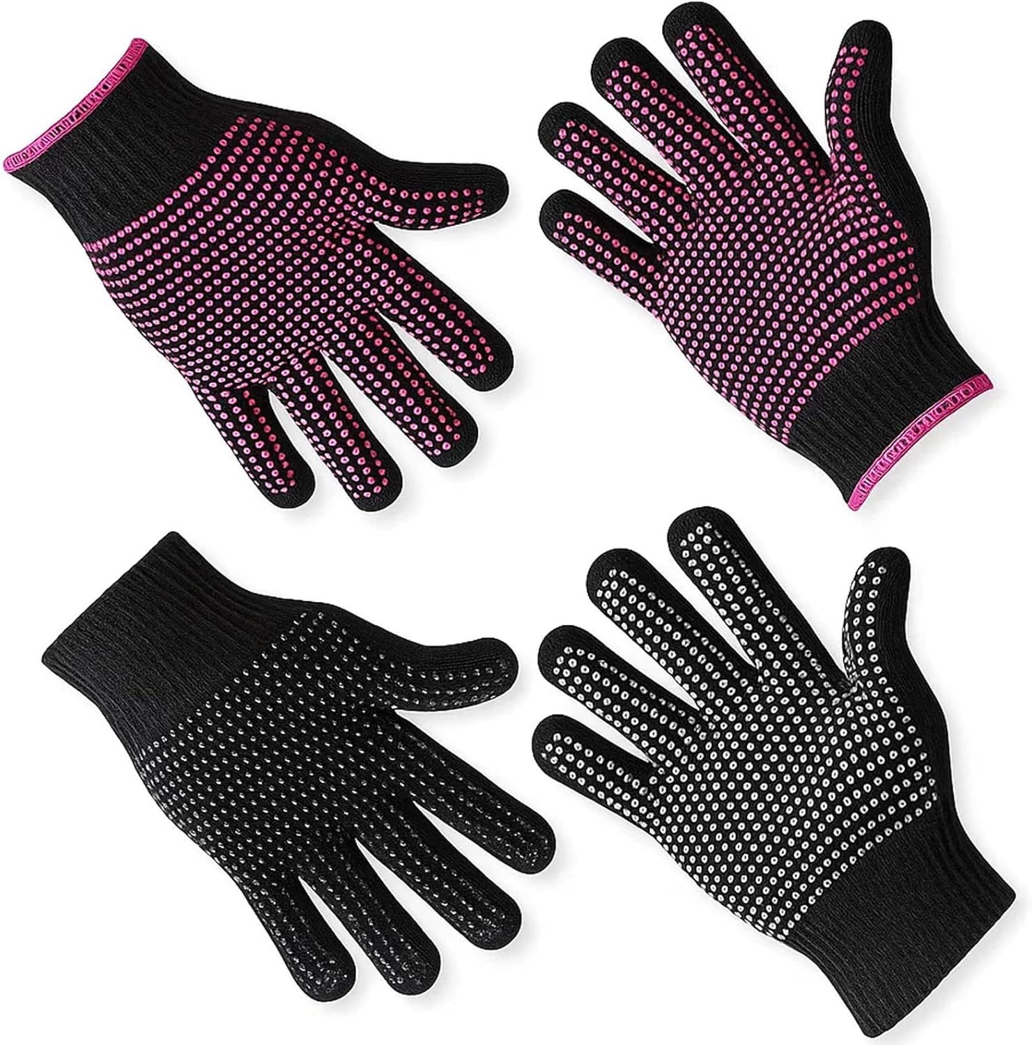 ZHLKHIOP heat resistant gloves for hair styling front view showing black and rose pink pairs.