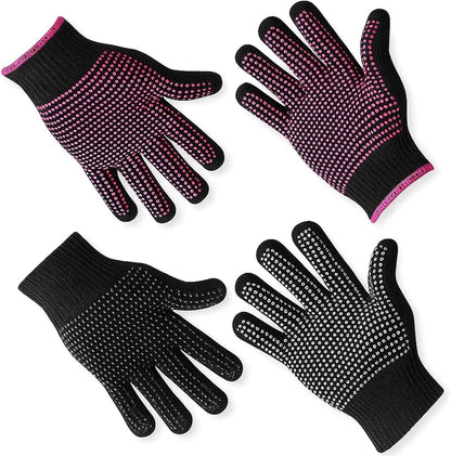 ZHLKHIOP heat resistant gloves for hair styling front view showing black and rose pink pairs.
