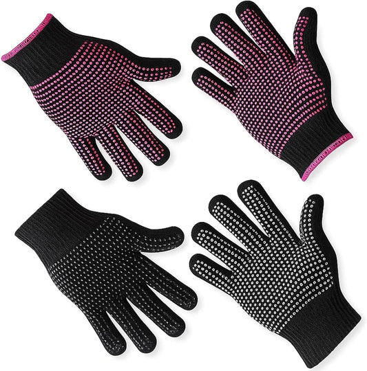 ZHLKHIOP heat resistant gloves for hair styling front view showing black and rose pink pairs.