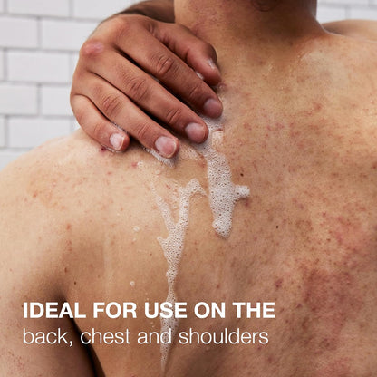 Neutrogena body acne cleanser clear plastic bottle packaging ideal for back chest and shoulder breakout care.