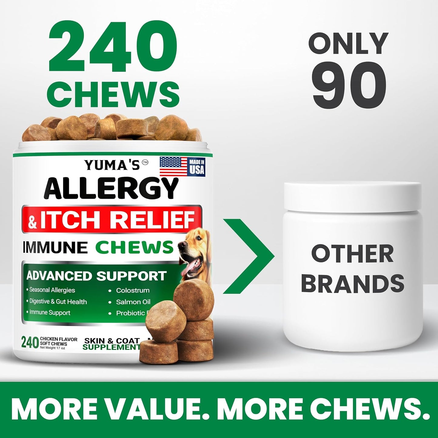Yuma's chicken flavored soft chews for dog itching skin relief and seasonal allergy defense.