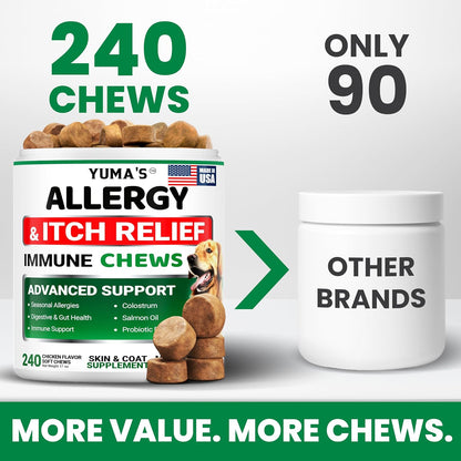 Yuma's chicken flavored soft chews for dog itching skin relief and seasonal allergy defense.