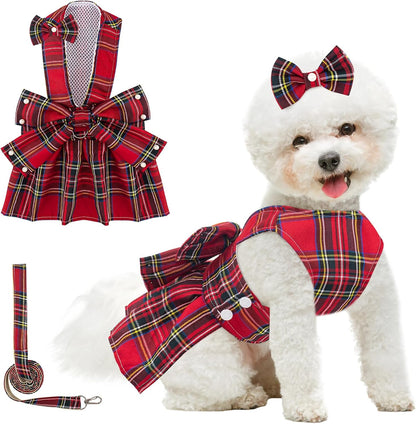 Coppthinktu Plaid Dog Dresses for Small Dogs Girl Bowknot Harness Leash Set, Cute Small Dog Dress Harness Cat Clothes Female with Pearl Bow Hair Clip, Summer Puppy Dress Yorkies Chihuahua Outfits - Image 11