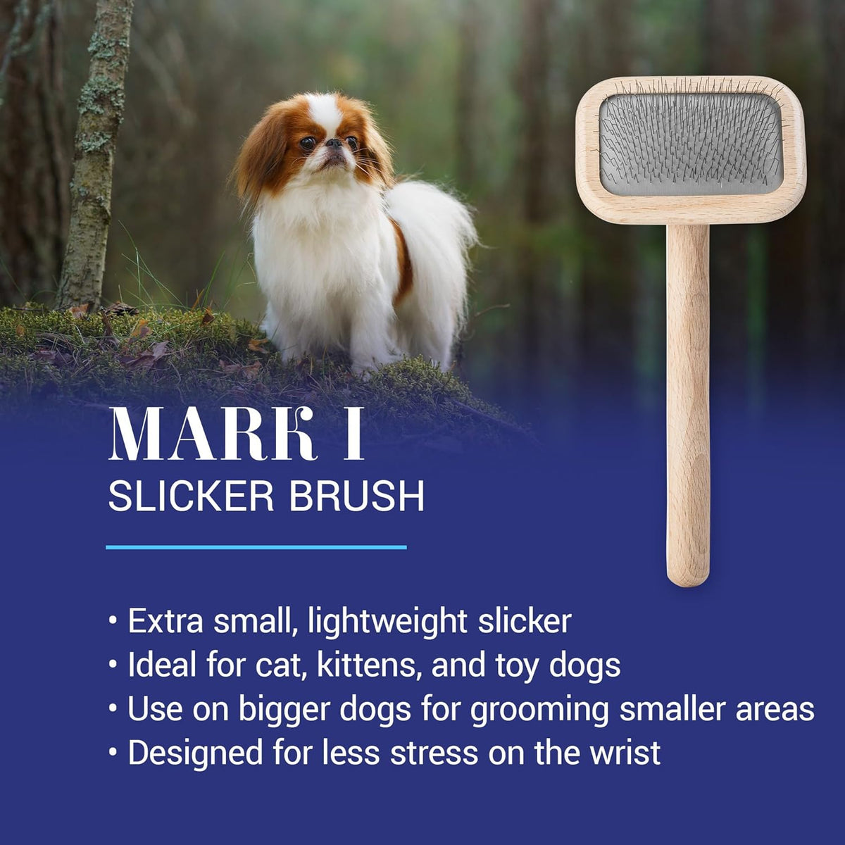 Handcrafted beechwood handle dog brush close up detailing stainless steel pins