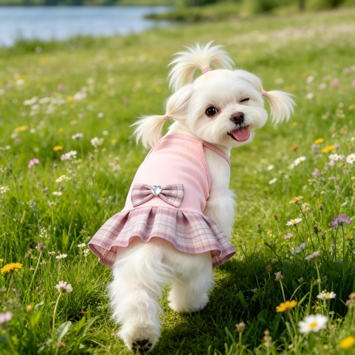 Premium imported pink plaid puppy celebration dress on model