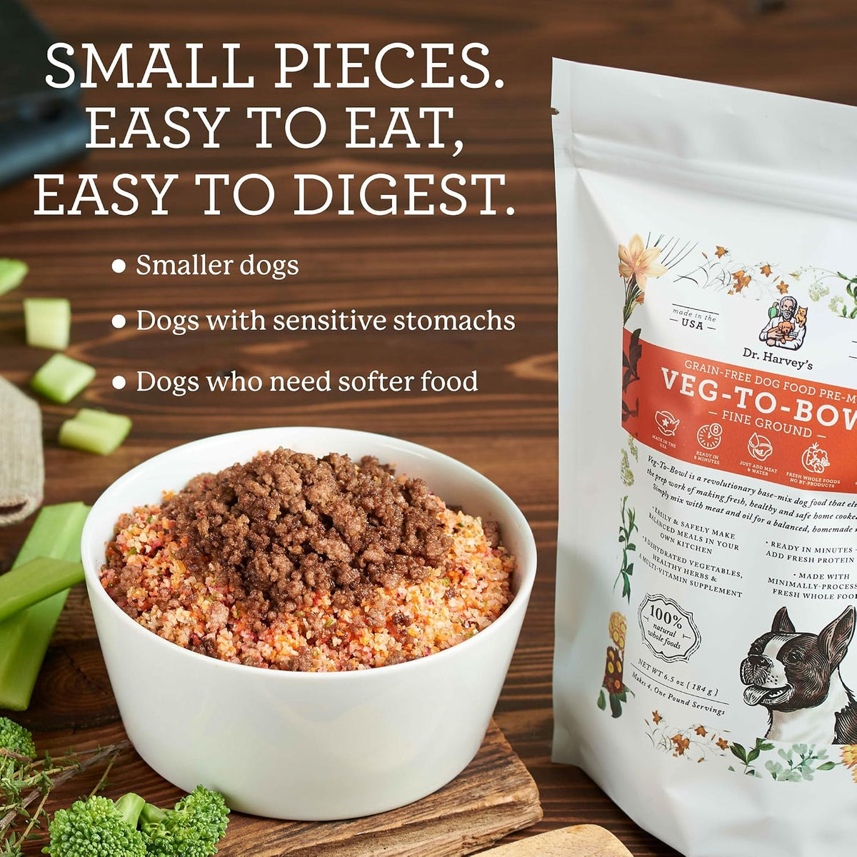 Dr. Harvey's Veg-to-Bowl fine ground mix in a bowl