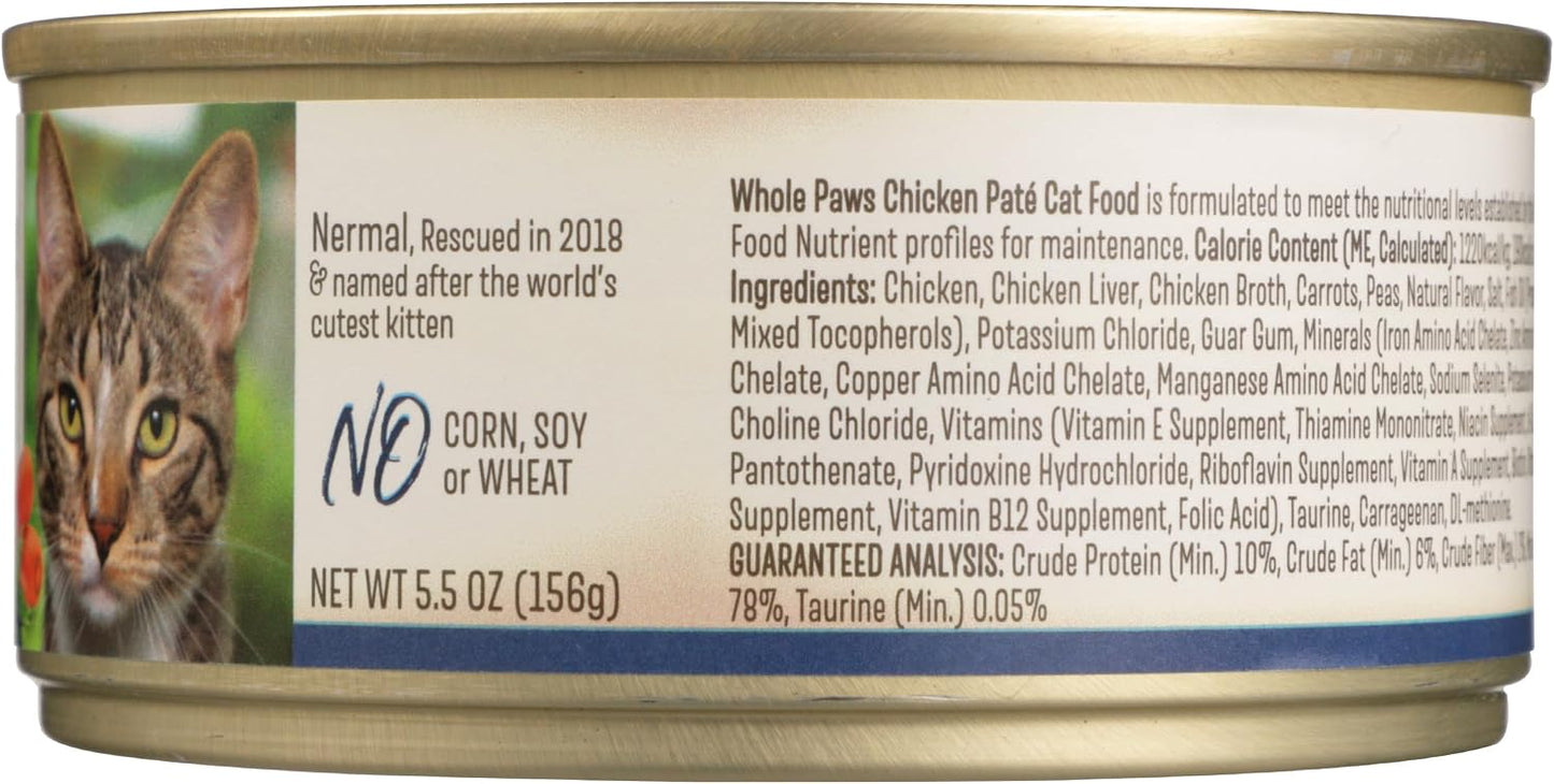 Whole Paws grain-free chicken recipe cat food can stack