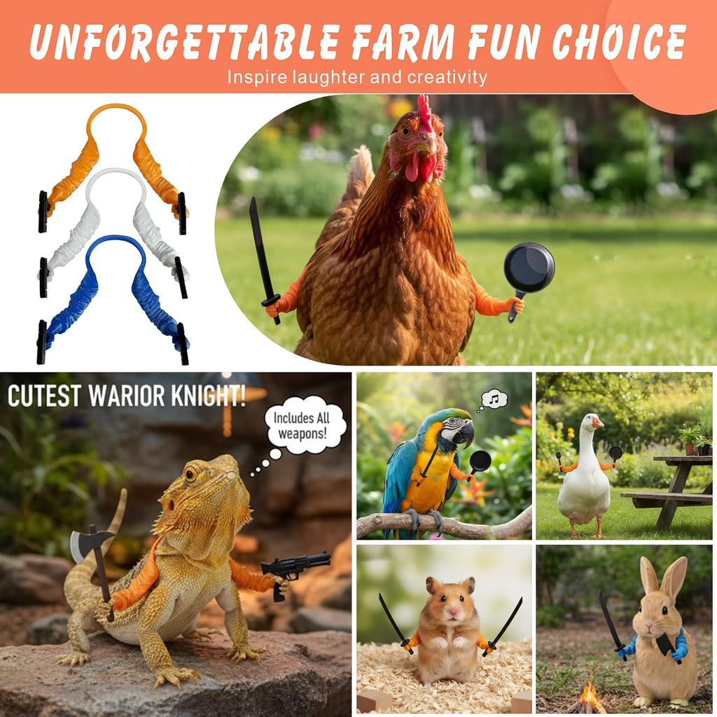 Interchangeable mini weapons and tools accessories for pet bird costumes.