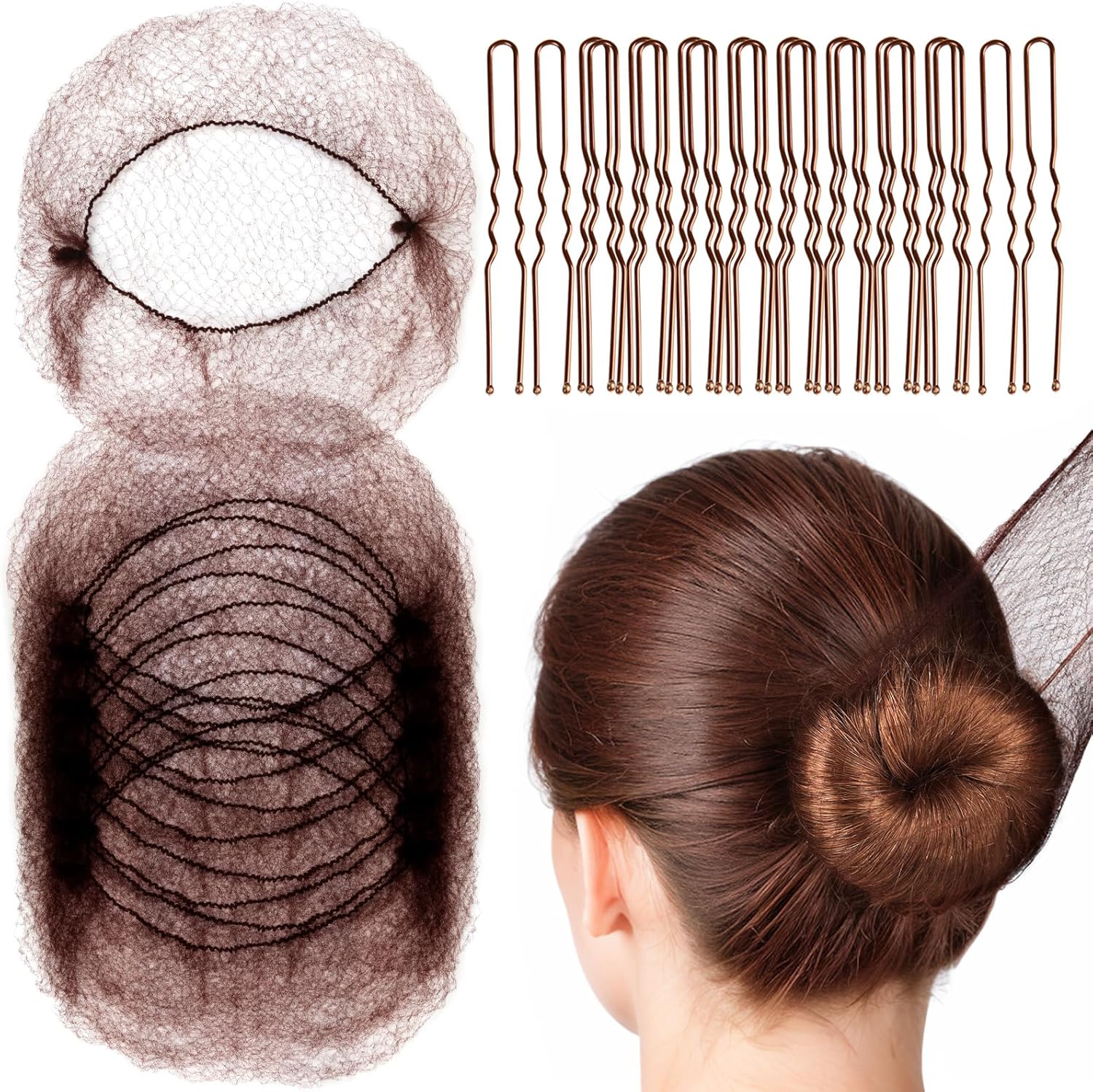 Fandamei Hair Accessories Set front view displaying brown mesh nets and metal pins for ballet buns.