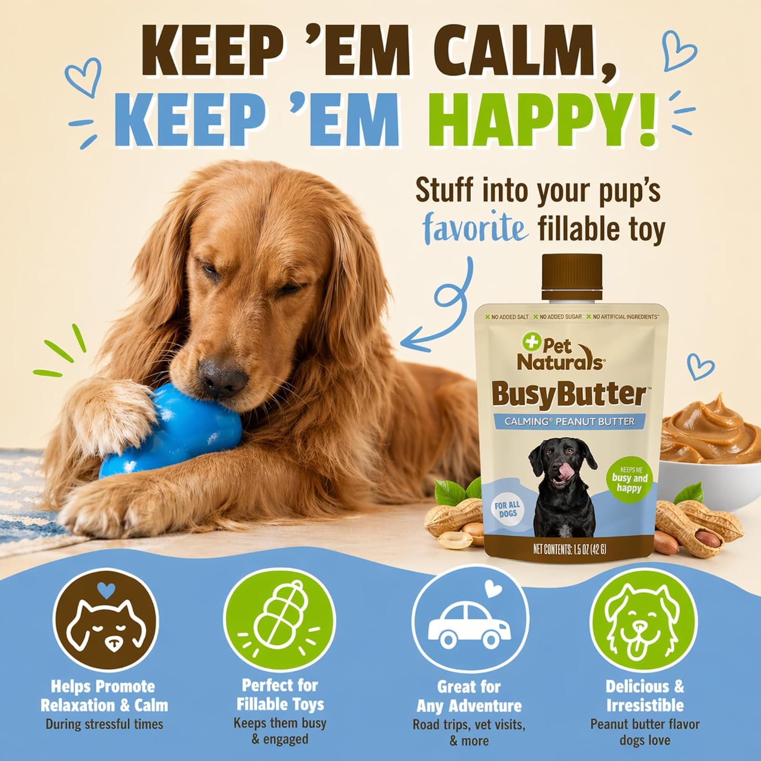 Dog licking an occupier toy filled with healthy peanut butter spread