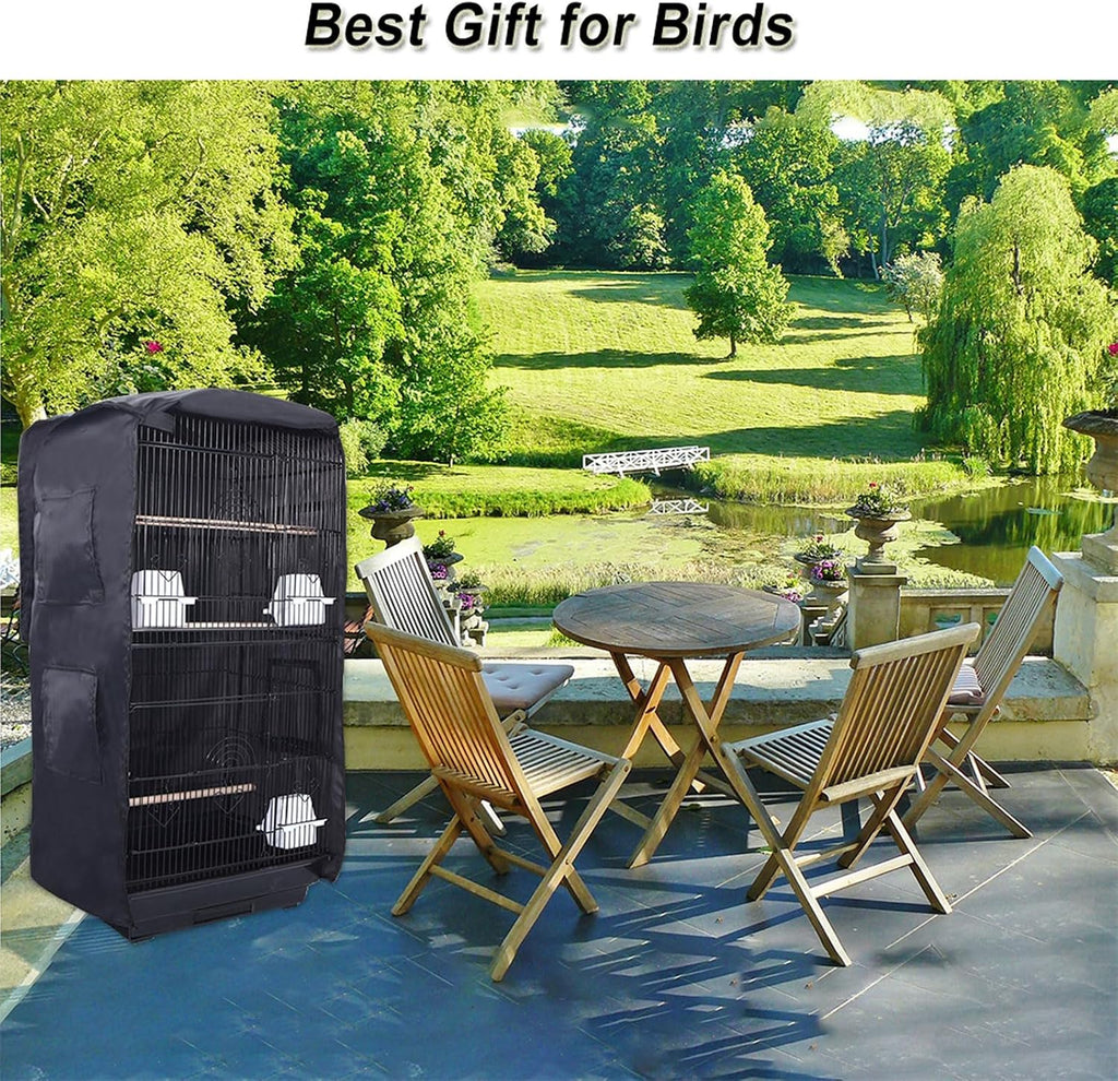Syooy black bird cage cover protecting a parakeet in a square wire cage.