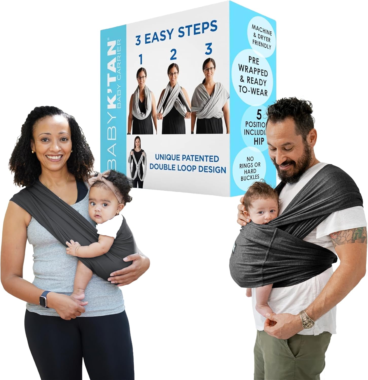 Baby K'tan Active Yoga Baby Carrier Wrap front view showing pre-wrapped black fabric sling on parent