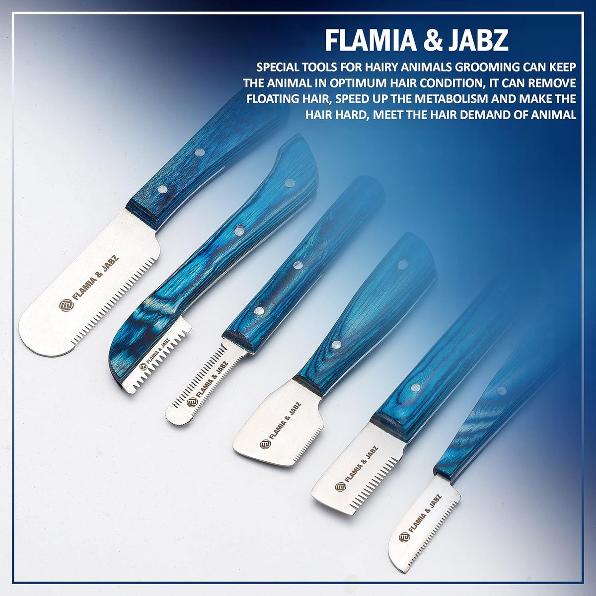 Close up of the Japanese stainless steel blades on the FLAMIA & JABZ pet grooming kit