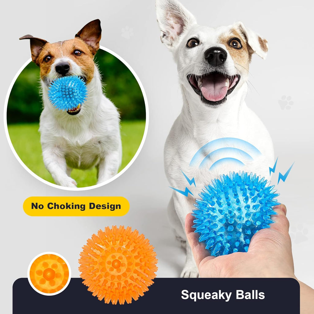 Small puppy chewing on textured rubber ball