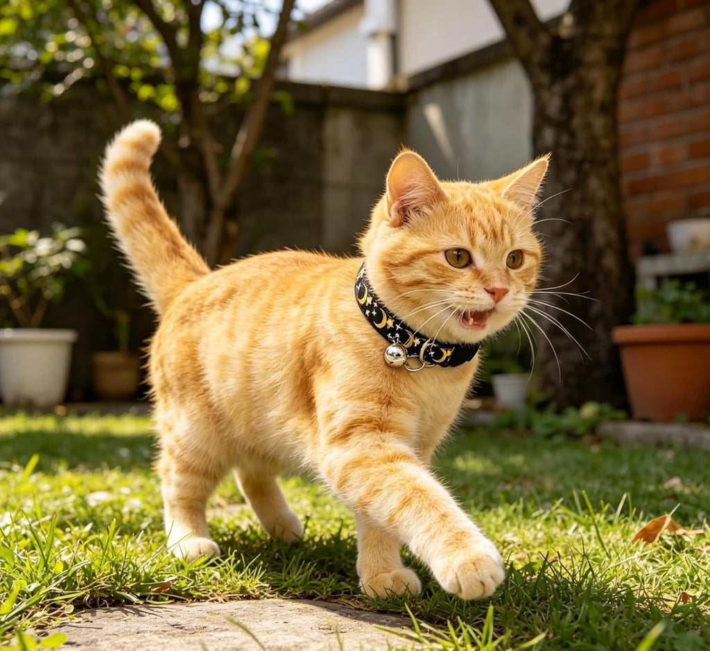 Dhgate reflective safety cat collar with removable golden bell laid out flat showing the 19 to 32 centimeters adjustment mechanism.