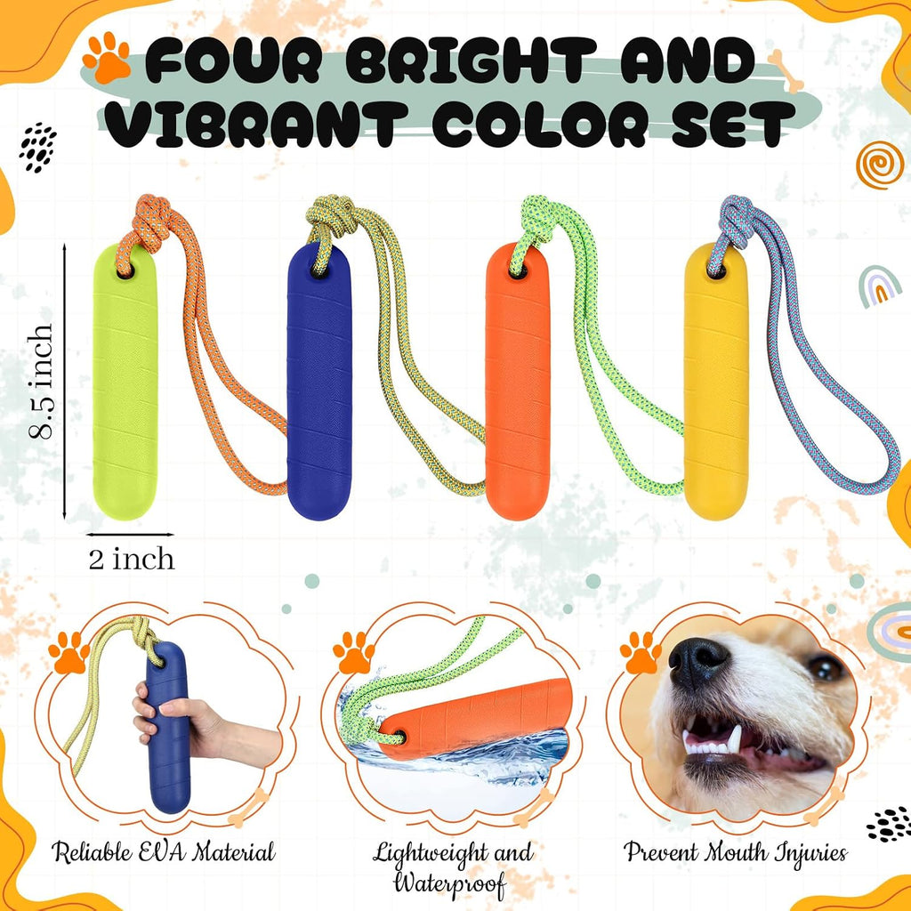 Vibrant orange and yellow Skylety floating dog bumper sticks floating on water during pool training.
