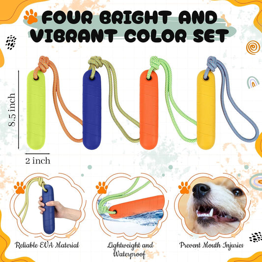 Vibrant orange and yellow Skylety floating dog bumper sticks floating on water during pool training.