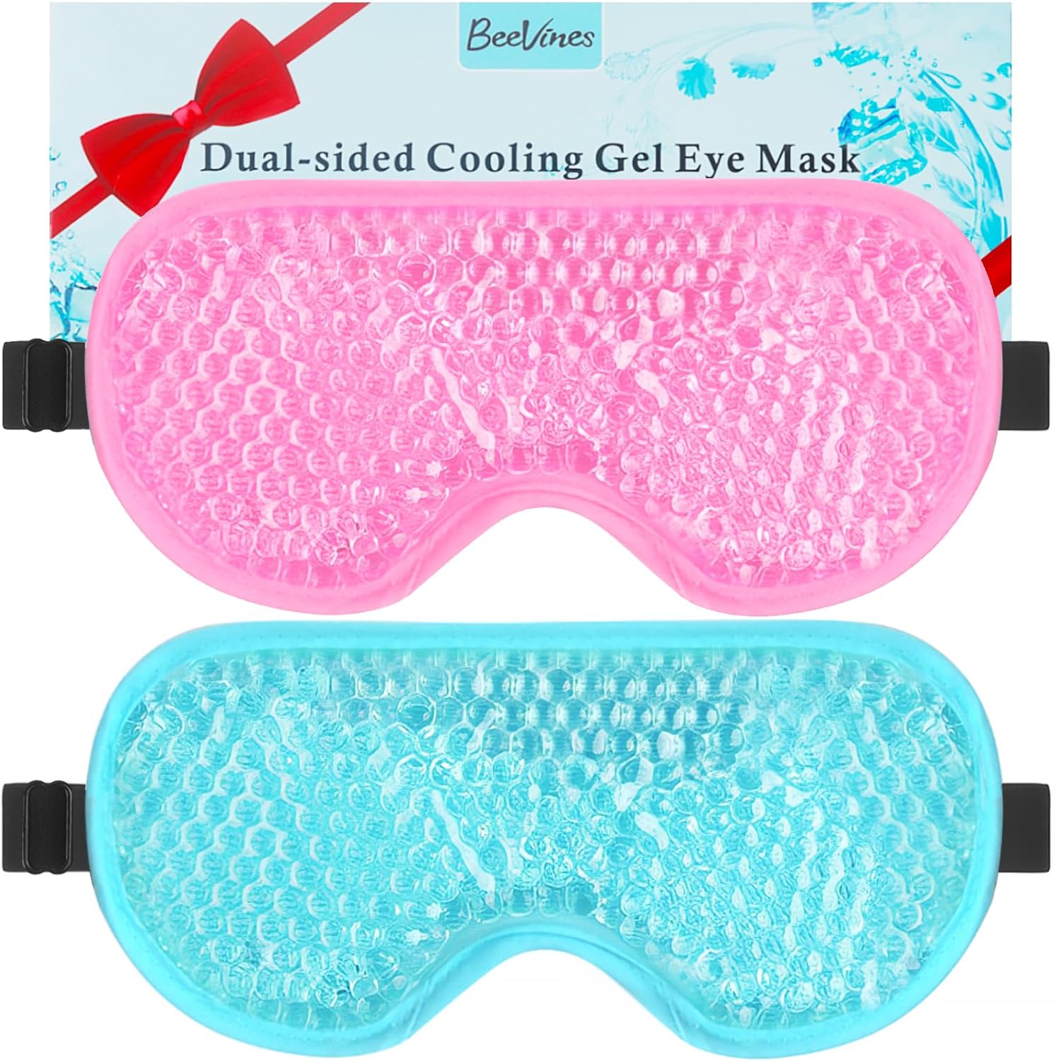 BeeVines Gel Eye Mask front view showing the medical grade gel beads in pink and blue colors