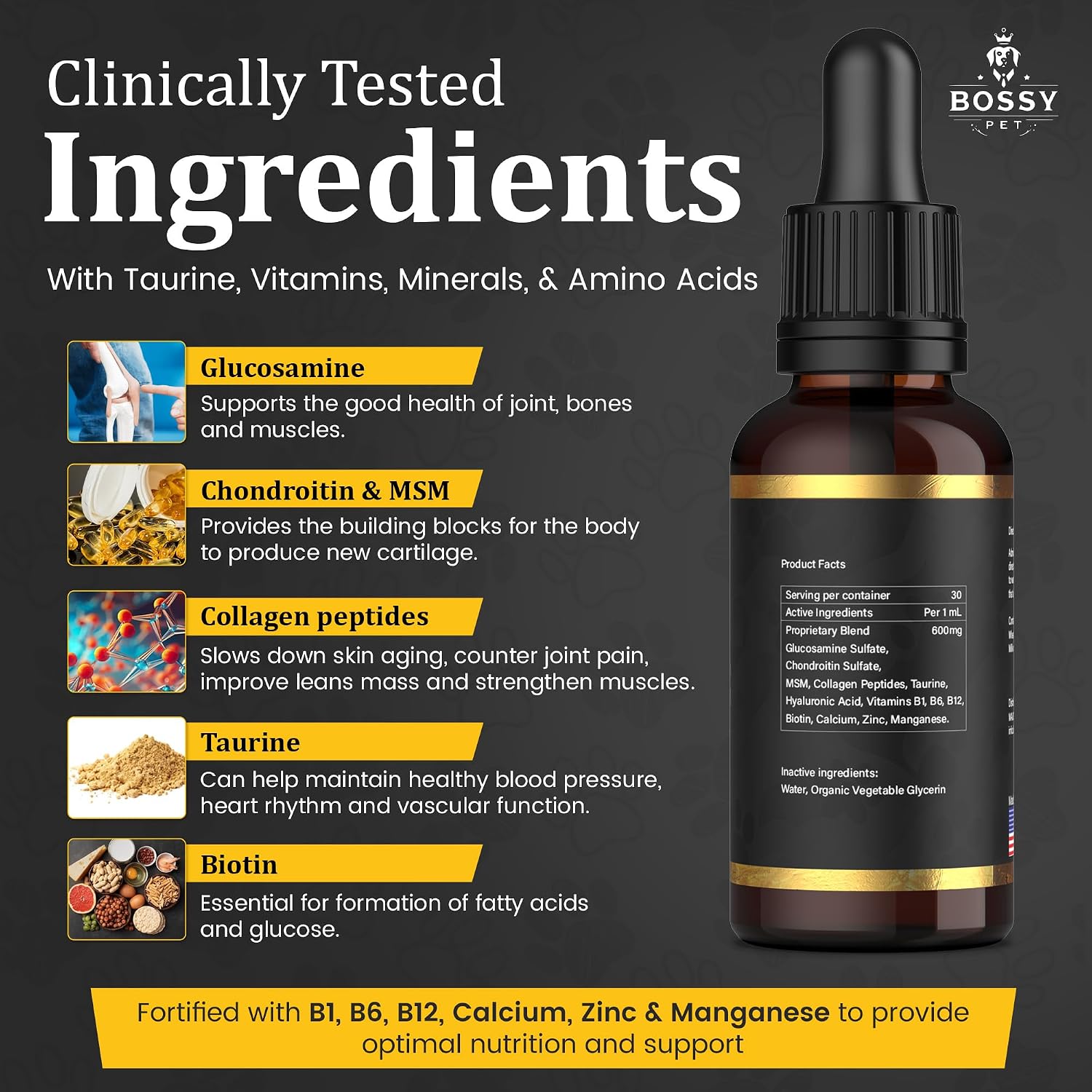 Bossy Pet glucosamine supplement bottle with ingredients