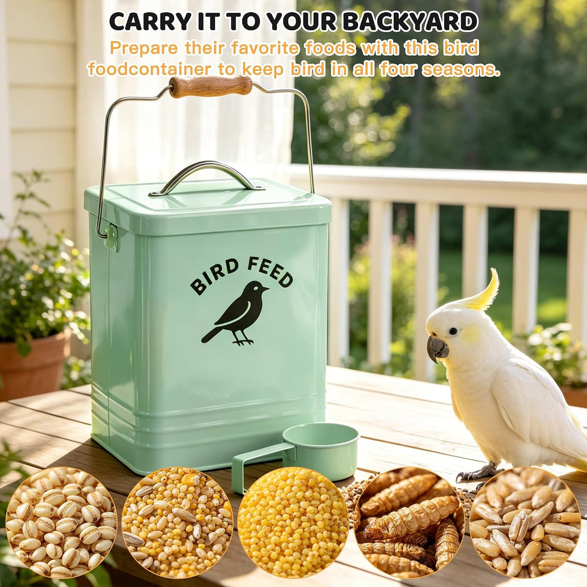 Candco bird seed storage container with included feeding scoop.