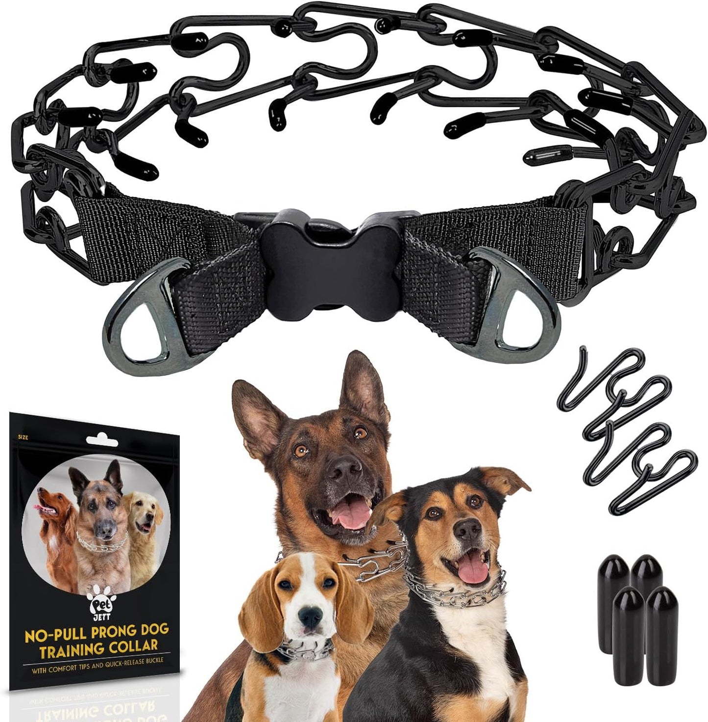 PetJett Prong Training Collar For Dogs front view showing stainless steel links and quick release buckle