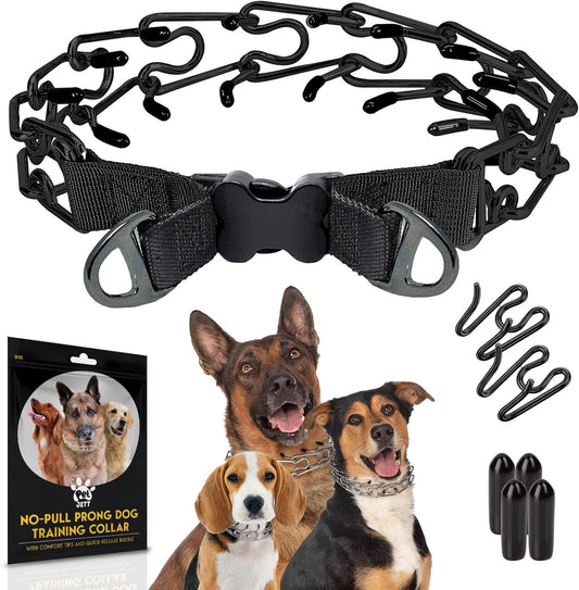 PetJett Prong Training Collar For Dogs front view showing stainless steel links and quick release buckle