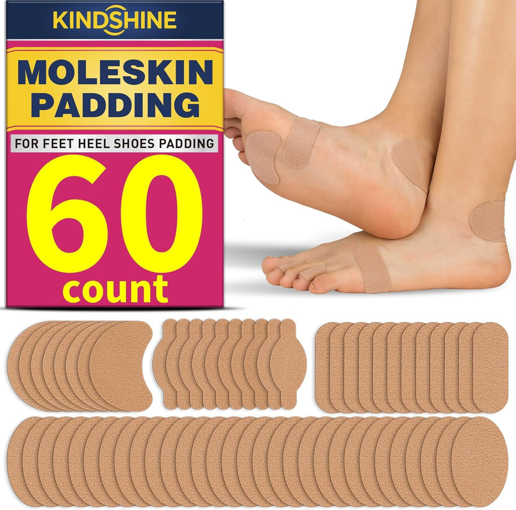 Kindshine 60 Count Moleskin Strips front view blister prevention adhesive pads.
