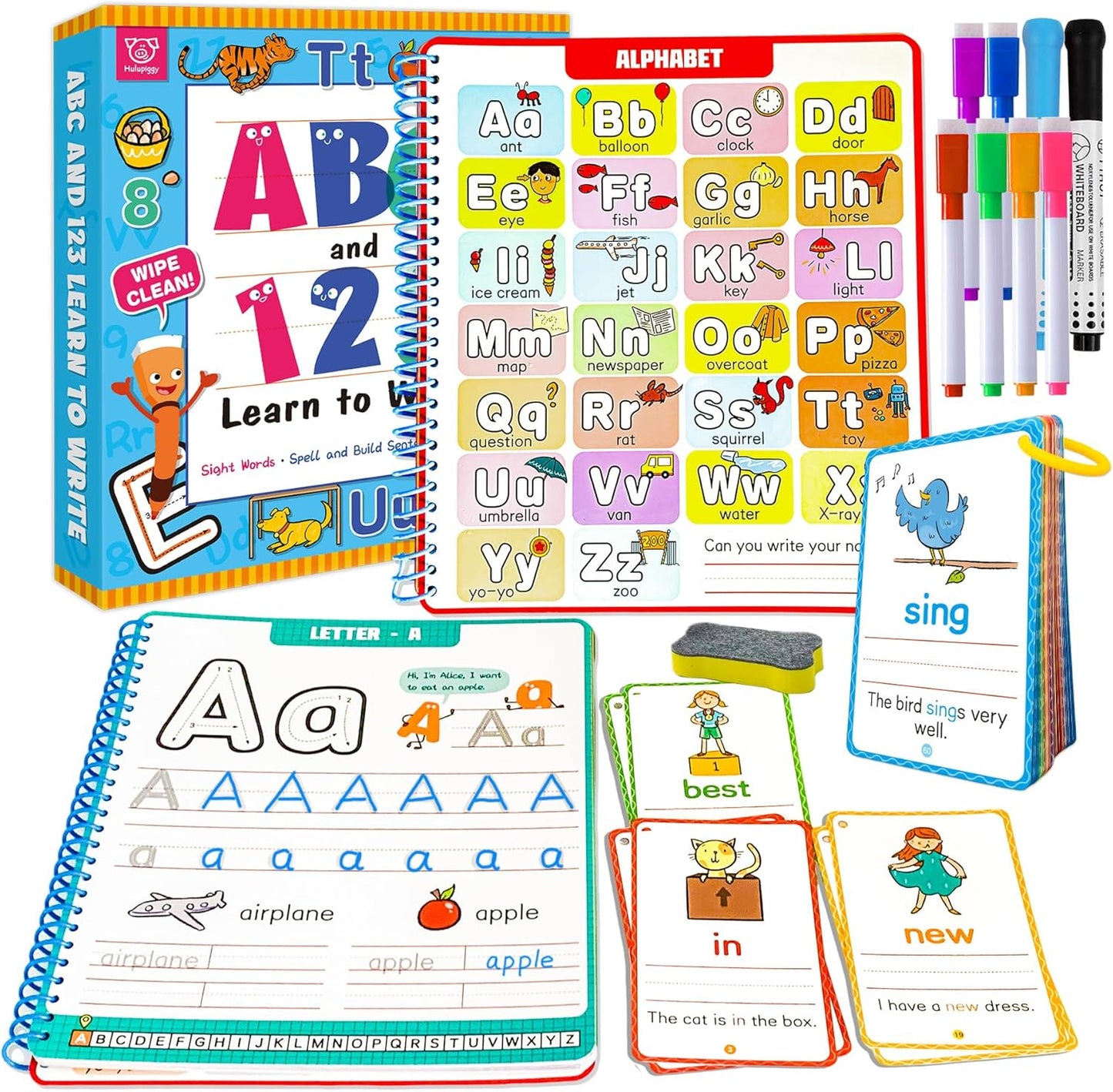 Hulupiggy preschool learning activities reusable tracing book front view showcasing colorful packaging and markers.