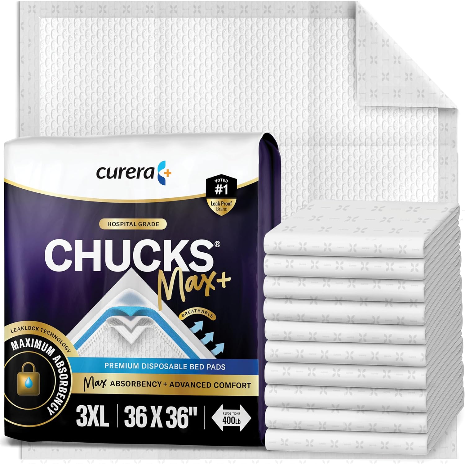 Curera Chucks Max Plus hospital bed pads front packaging view